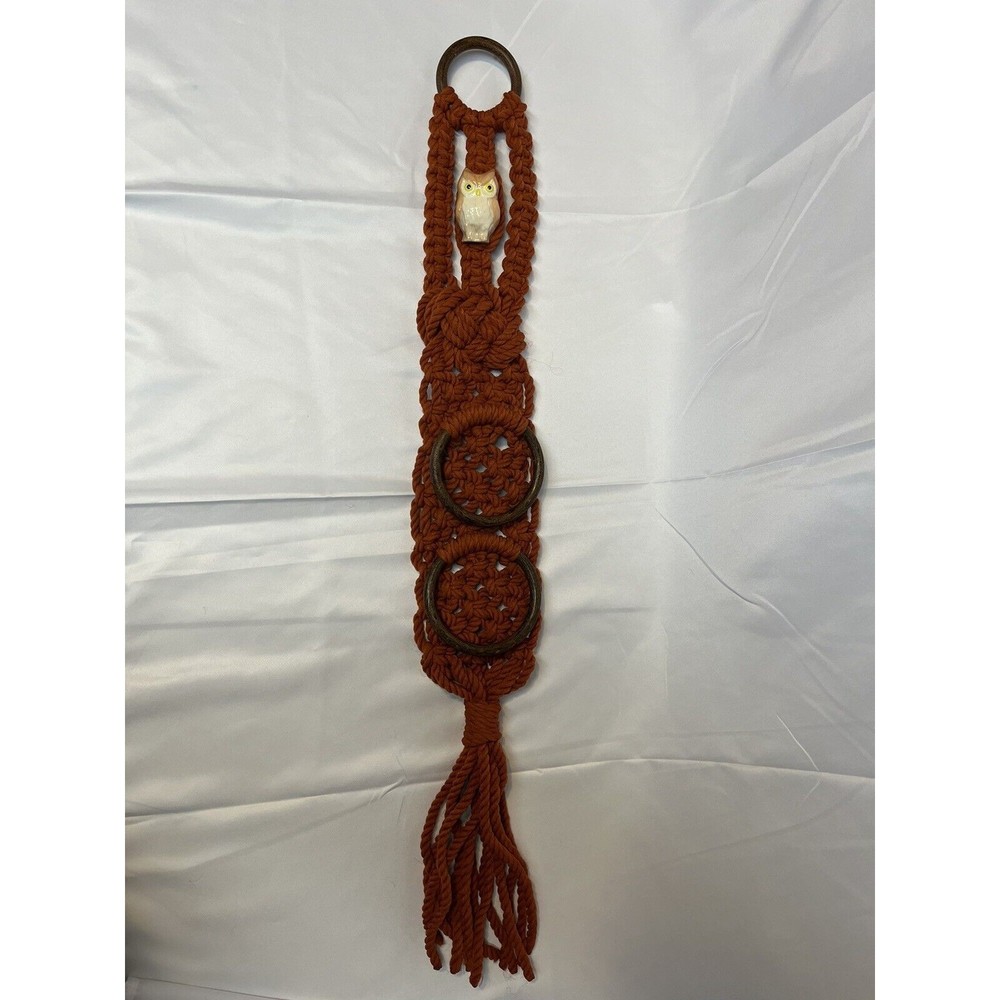 Owl Macrame Wall Hanging Handmade Boho Cottage Shabby Chic Folk Art MCM 31" x 4"